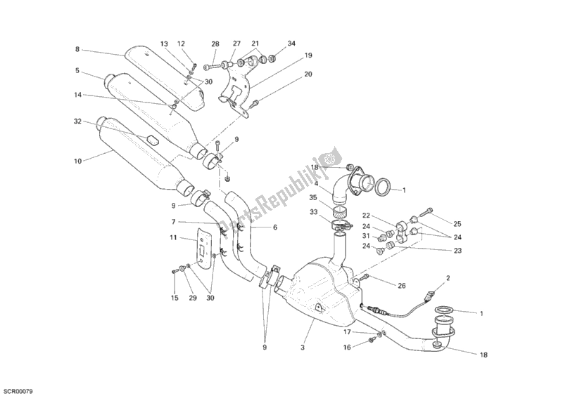 All parts for the Exhaust System of the Ducati Monster S2R 1000 USA 2008
